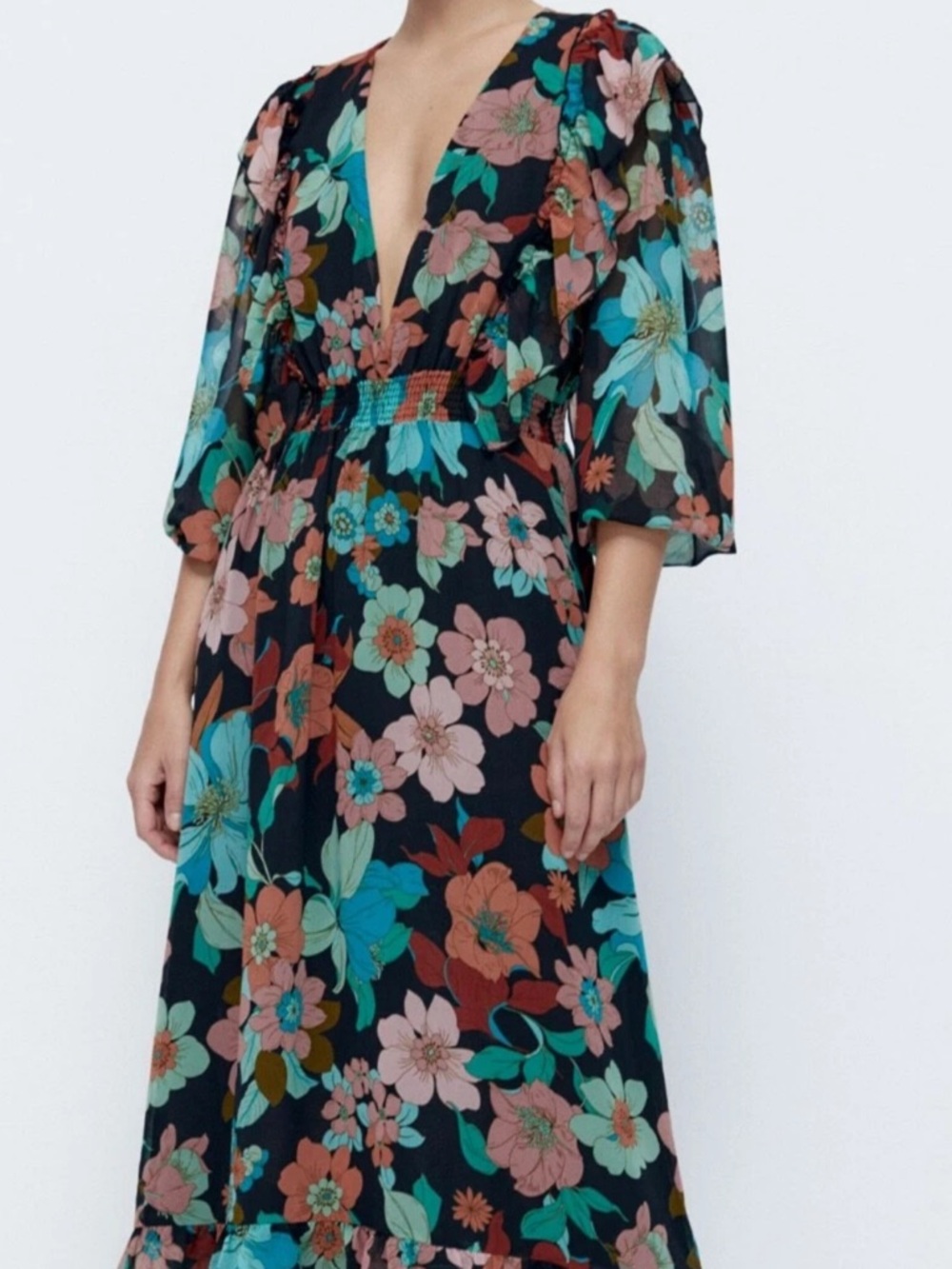 Boho Maxi Dress with Teal & Blush Floral Print